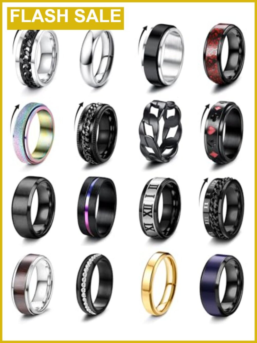 Besteel 16Pc Stainless Steel Spinner Fidget Rings Set for Men Size 7-13